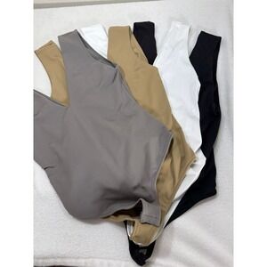 Free People Clean Lines V-Neck Bodysuit M Bundle Set of 4 Black White Tan Taupe